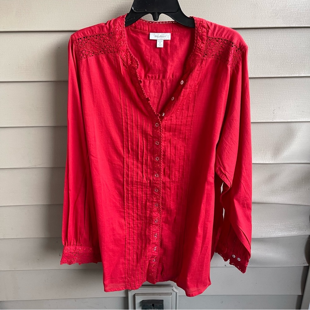 Dressbarn Womens‎ Button Up Top Size 2X Red Embroidered Crochet Trim Career Boho